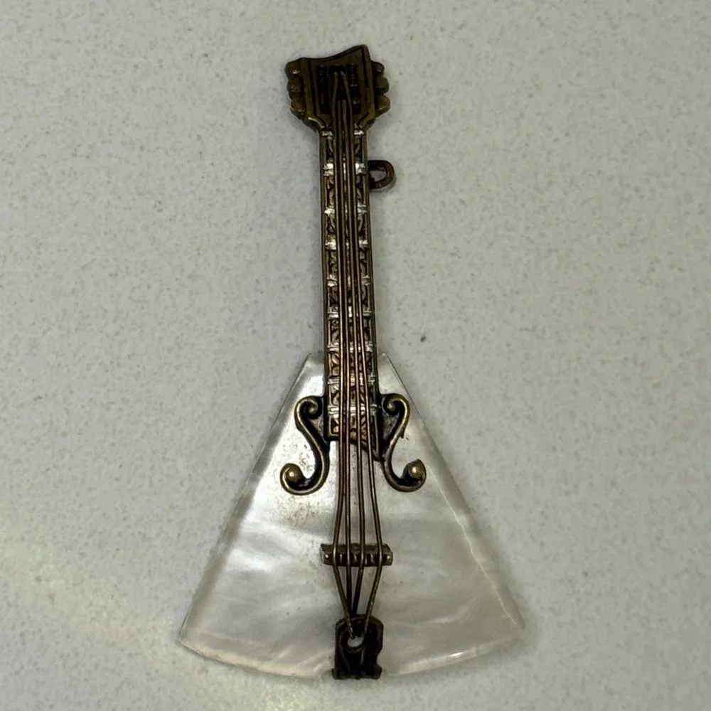 Vintage Spain Signed Intricate Guitar Brooch